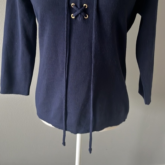 Barney's Navy Blue Merino Wool Lace Up Front Sweater - Picture 4 of 11